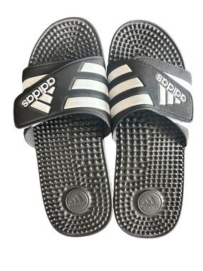 adidas Black Slides with White Stripes. Men’s size 10